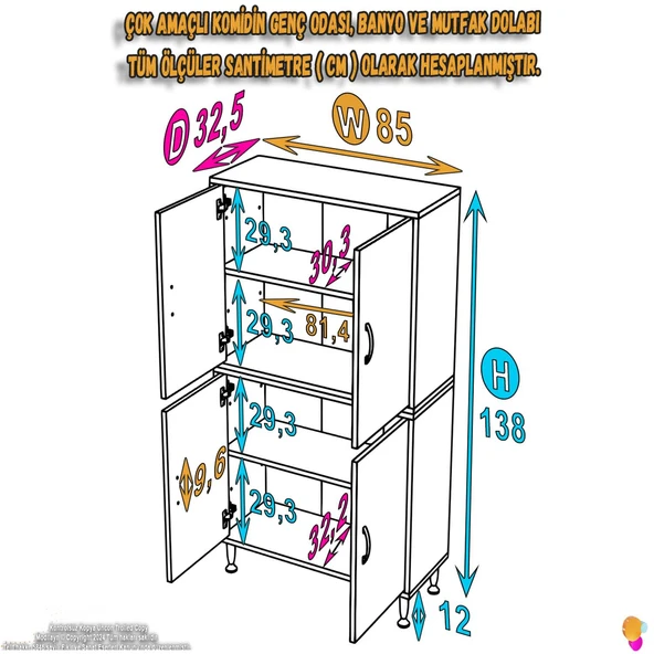 Eliusta  Nuve Geniş Depolama Alanlı Dolap 85 cm Banyo/Mutfak Çok Fonksiyonlu 85x138x32,5 cm Saklama Dolabı - Resim 2
