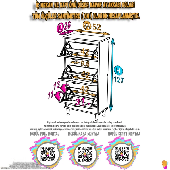 Eliusta  Nefes Ayaklı 52 cm Ayakkabılık Kapı Önü/Antre 3 Düşer Kapaklı Antrasit 52x127x26 cm  Ayakkabılık - Resim 3