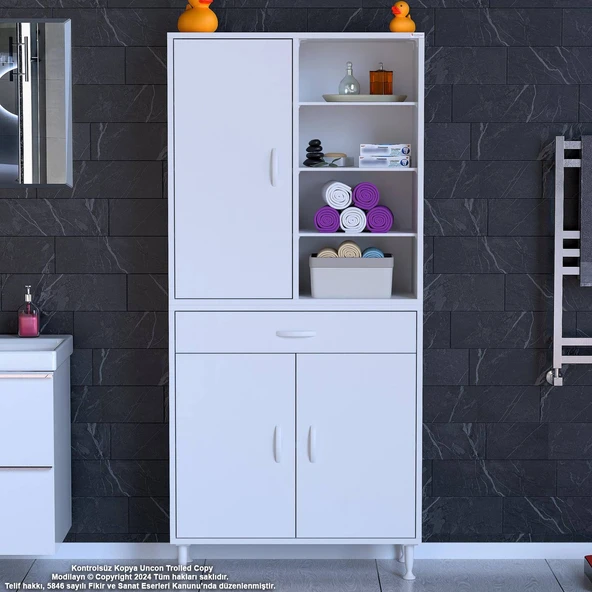 Eliusta  Funci Beyaz Renk G:80 cm Banyo Dolabı 3 Kapaklı 7 Raflı Dolap 80x173x32,5 cm Boyutlarında Dolap - Resim 3