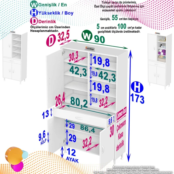 Eliusta  Funci Beyaz Renk G:90 cm Banyo Dolabı 3 Kapaklı 7 Raflı Dolap 90x173x32,5 cm Boyutlarında Dolap - Resim 2