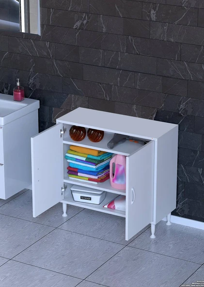 Eliusta  Sabir 85 cm 2 Raflı Beyaz Banyo Mutfak Dolabı 3 Bölmeli Çok Amaçlı Dolap 85x75x32,5 cm Düzenleyici - Resim 3