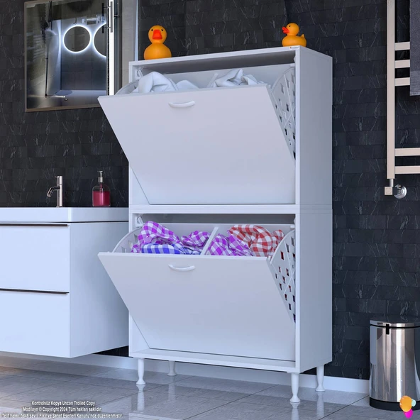 Eliusta  Veluna 70 cm Kirli Çamaşır Sepetli Dolap Banyo Dolabı Beyaz 70x173x32,5 cm 4 Sepetli Dolap - Resim 3