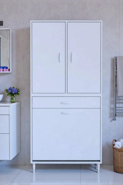 Eliusta  Wall Beyaz Banyo Dolabı 65 cm Tek Göz Bölmeli Sepet 65x171x32,5 cm 4 Raflı Mutfak/Banyo Dolabı ürün görseli 1