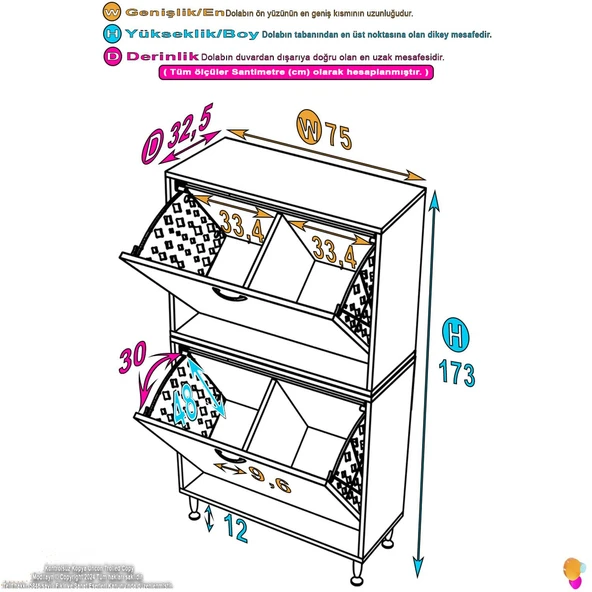 Eliusta  Veluna 75 cm Kirli Çamaşır Sepetli Dolap Banyo Dolabı Beyaz 75x173x32,5 cm 4 Sepetli Dolap - Resim 2