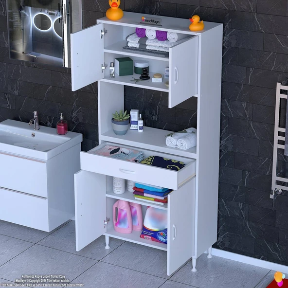 Eliusta  Nordi 4 Kapak 2 Raflı Beyaz Dolap 75x173x32,5 cm Çekmeceli Çok Amaçlı Banyo/Mutfak Dolabı - Resim 3