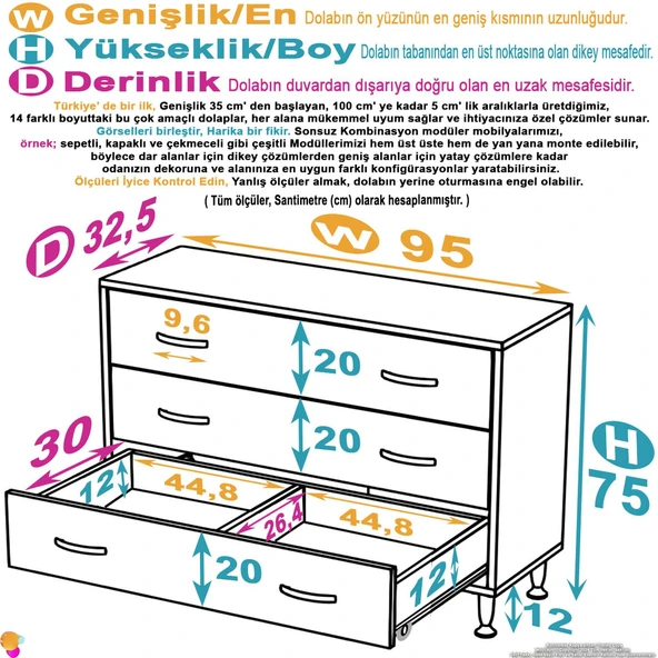 Eliusta  Seçer 3 Çekmeceli 95 cm Banyo ve Mutfak Dolabı Beyaz 95x75x32,5 cm Çok Amaçlı Organizer Dolap - Resim 2