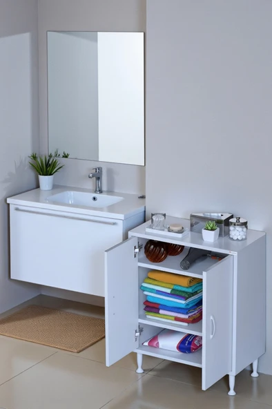 Eliusta  Sabir 65 cm 2 Raflı Beyaz Banyo Mutfak Dolabı 3 Bölmeli Çok Amaçlı Dolap 65x75x32,5 cm Düzenleyici ürün görseli 1