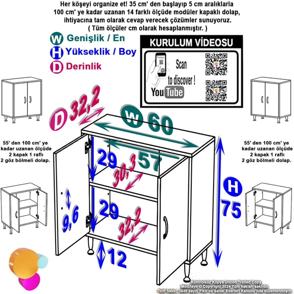 Eliusta  Arden 60 cm Beyaz 2 Bölmeli Banyo Düzenleyici Dolap 1 Raflı Çok Amaçlı Mutfak Dolabı 60x75x32,5 cm - Resim 2