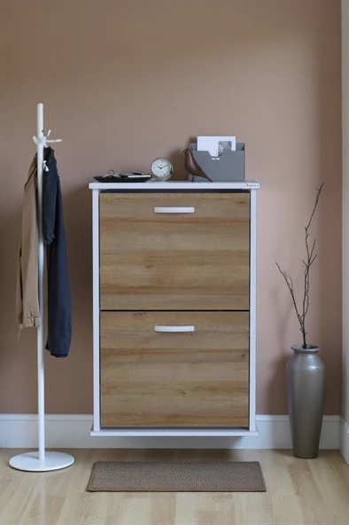 Eliusta  Holen Meşe Renk Ayakkabılık 2 Düşer Kapak 52 cm Genişlik Kapı Önü Asma Ayakkabılık 52x74x26 cm - Resim 3