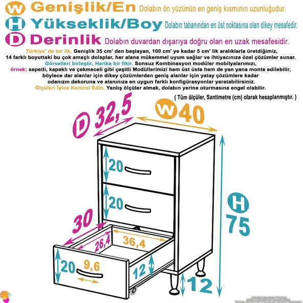 Eliusta  Seçer 3 Çekmeceli 40 cm Banyo ve Mutfak Dolabı Beyaz 40x75x32,5 cm Çok Amaçlı Organizer Dolap - Resim 2