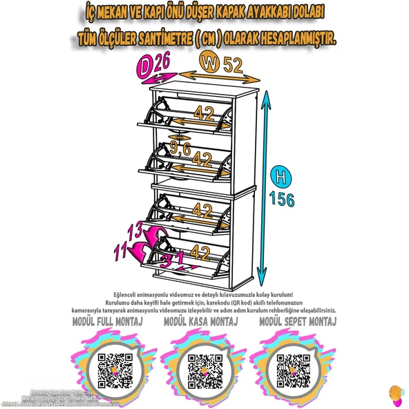 Eliusta  Slim 4 Düşer Kapaklı 52 cm Beyaz Asma Ayakkabılık Kapı Önü/Antre 52x156x26 cm Ayakkabılık - Resim 3