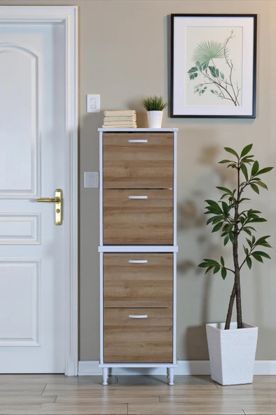 Eliusta  Elenio 52 cm Genişlik Meşe Renk Ayaklı 4 Kapaklı Ayakkabılık 52x168x26 cm Ayakkabılık - Resim 3