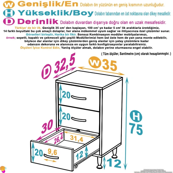 Eliusta  Seçer 3 Çekmeceli 35 cm Banyo ve Mutfak Dolabı Beyaz 35x75x32,5 cm Çok Amaçlı Organizer Dolap - Resim 2