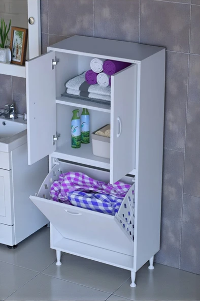 Eliusta  Miretta Üst Bölme Kapaklı Altı Kirli Sepetli Dolap 55 cm Genişlik Beyaz 55x138x32,5 cm Dolap ürün görseli 1