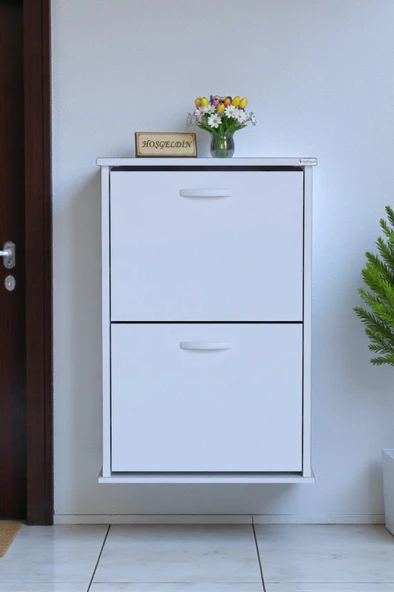 Eliusta  Holen Beyaz Renk Ayakkabılık 2 Düşer Kapak 52 cm Genişlik Kapı Önü Asma Ayakkabılık 52x74x26 cm ürün görseli 1