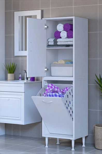 Eliusta  Miretta Üst Bölme Kapaklı Altı Kirli Sepetli Dolap 50 cm Genişlik Beyaz 50x138x32,5 cm Dolap ürün görseli 1