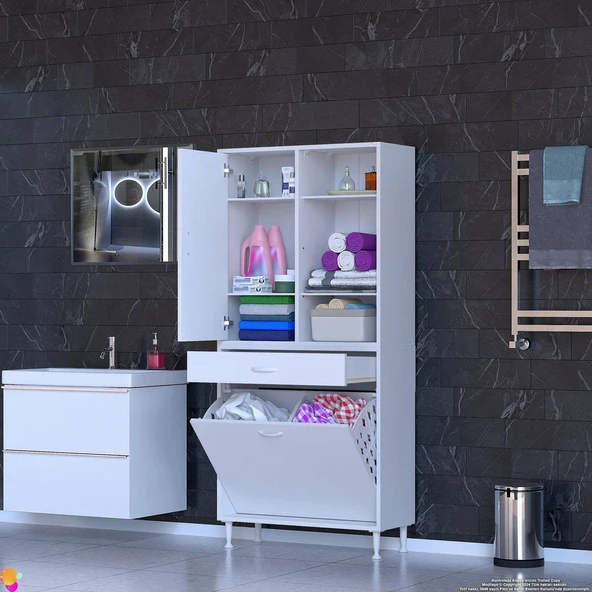 Eliusta  Mira Dolap 6 Bölme Çok Fonksiyonlu Banyo Dolabı 70 cm Beyaz Sepetli Dolap 70x171x32,5 cm Organizer - Resim 3