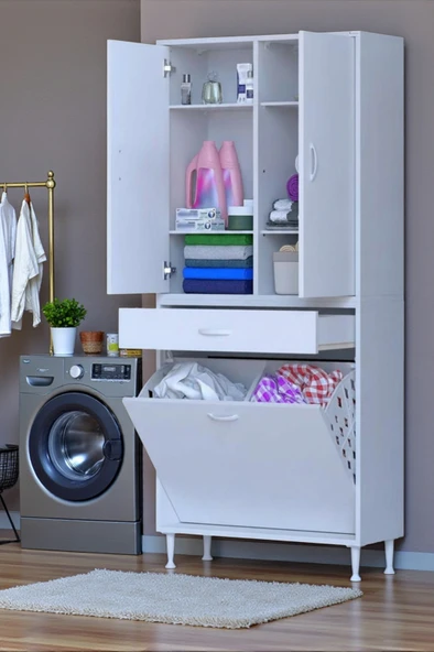 Eliusta  Wall Beyaz Banyo Dolabı 70 cm İki Göz Bölmeli Sepet 70x171x32,5 cm 4 Raflı Mutfak/Banyo Dolabı ürün görseli 1