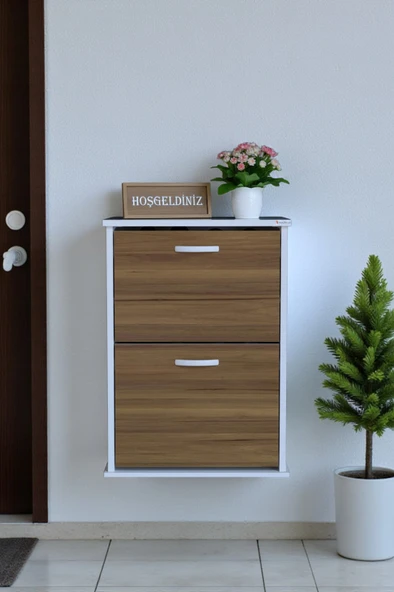 Eliusta  Holen Ceviz Renk Ayakkabılık 2 Düşer Kapak 52 cm Genişlik Kapı Önü Asma Ayakkabılık 52x74x26 cm ürün görseli 1