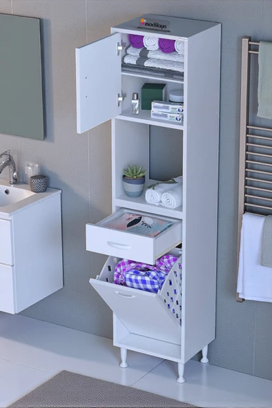 Eliusta  Seris Sepetli ve Çekmeceli Banyo Dolabı  G:50 cm Çok Amaçlı Beyaz Düzenleyici 50x173x32,5 cm Dolap ürün görseli 1
