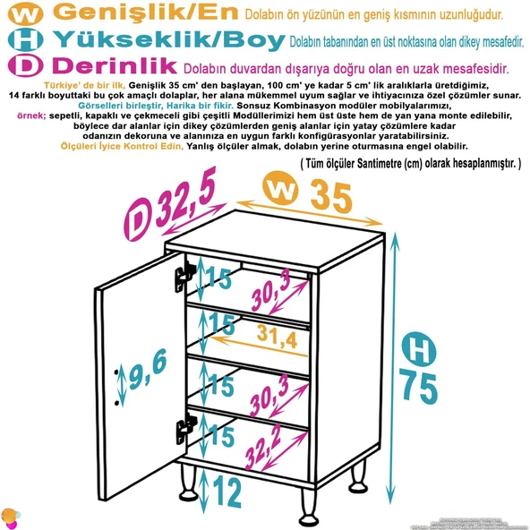 Eliusta  Nirat 35 cm 4 Bölmeli Beyaz Banyo Mutfak Dolabı 3 Raflı Kapaklı Çok Amaçlı Dolap 35x75x32,5 cm - Resim 2