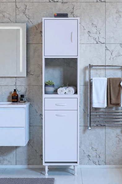 Eliusta  Seris Sepetli ve Çekmeceli Banyo Dolabı  G:45 cm Çok Amaçlı Beyaz Düzenleyici 45x173x32,5 cm Dolap ürün görseli 1