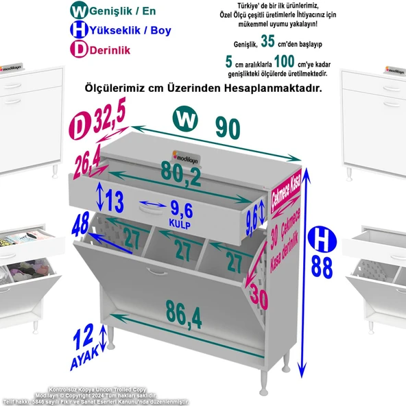 Eliusta  Asil 90 cm Kirli Çamaşır Sepetli Banyo Dolabı 1 Çekmeceli Mutfak Çok Amaçlı Dolap 90x88x32,5 cm - Resim 2