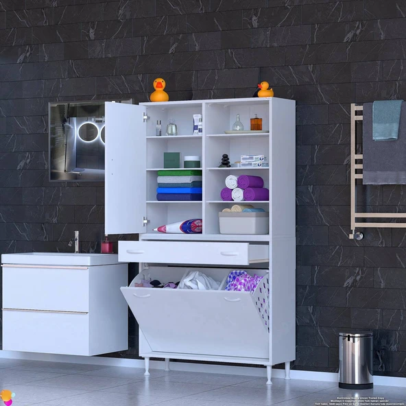 Eliusta  Rule Sepetli Banyo/Mutfak Dolabı 95 cm Genişliğe Sahip 95x171x32,5 cm Üç Sepetli Beyaz Dolap - Resim 3