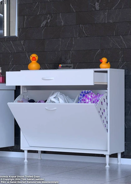 Eliusta  Asil 95 cm Kirli Çamaşır Sepetli Banyo Dolabı 1 Çekmeceli Mutfak Çok Amaçlı Dolap 95x88x32,5 cm - Resim 3