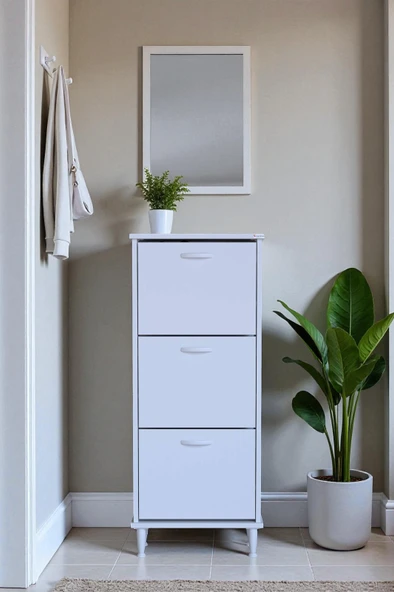 Eliusta  Nefes Ayaklı 52 cm Ayakkabılık Kapı Önü/Antre 3 Düşer Kapaklı Beyaz 52x127x26 cm  Ayakkabılık - Resim 3