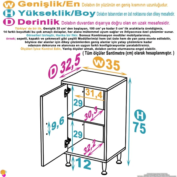 Eliusta  Arden 35 cm Beyaz 2 Bölmeli Banyo Düzenleyici Dolap 1 Raflı Çok Amaçlı Mutfak Dolabı 35x75x32,5 cm - Resim 2
