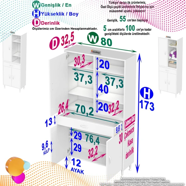 Eliusta  Rivo 4 Raflı Banyo/Mutfak Dolabı 80 cm Beyaz Renkli  Çok Amaçlı Dolap 80x173x32,5 cm Ebatlarında - Resim 2