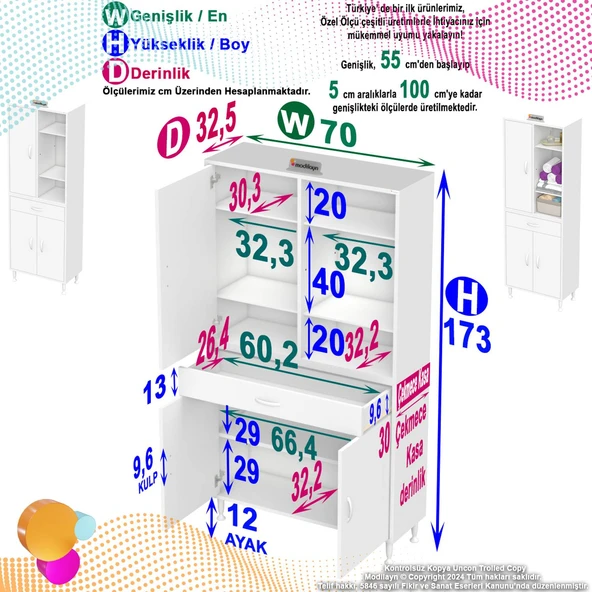 Eliusta  Rivo 4 Raflı Banyo/Mutfak Dolabı 70 cm Beyaz Renkli  Çok Amaçlı Dolap 70x173x32,5 cm Ebatlarında - Resim 2