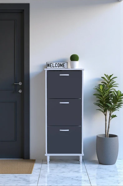 Eliusta  Nefes Ayaklı 52 cm Ayakkabılık Kapı Önü/Antre 3 Düşer Kapaklı Antrasit 52x127x26 cm  Ayakkabılık ürün görseli 1
