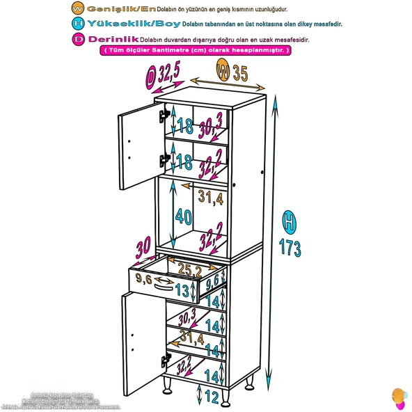Eliusta  Aria 2 Kapak 4 Raflı 35 cm Beyaz Dolap 35x173x32,5 cm Boyutlarında Çok Amaçlı Beyaz Dolap - Resim 2