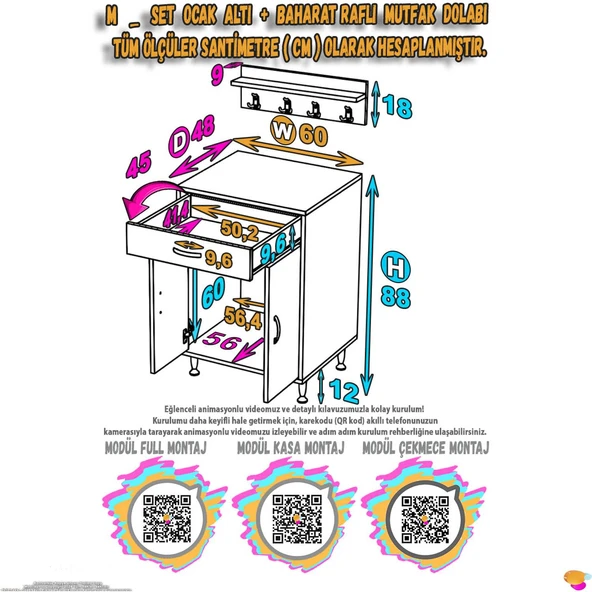 Eliusta  Mono Duvara Monte 60 cm Baharat Raflı Ocak Altı Dolap 60x88x48 cm Tüp Bölmeli Mutfak Ünitesi - Resim 2