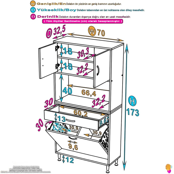 Eliusta  Seris Sepetli ve Çekmeceli Banyo Dolabı  G:70 cm Çok Amaçlı Beyaz Düzenleyici 70x173x32,5 cm Dolap - Resim 2