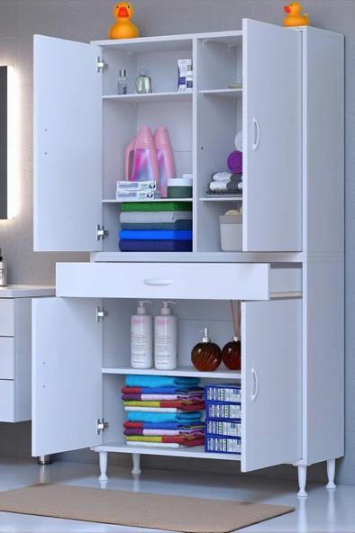 Eliusta  Line Beyaz 100 cm Banyo Dolabı Çok Bölmeli Banyo Düzenleyici Dolap 4 Kapaklı 4 Raflı 100x173x32,5 cm ürün görseli 1