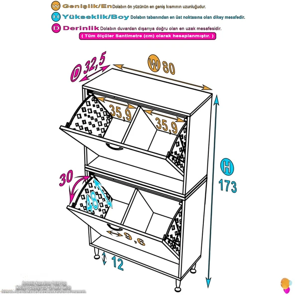 Eliusta  Veluna 80 cm Kirli Çamaşır Sepetli Dolap Banyo Dolabı Beyaz 80x173x32,5 cm 4 Sepetli Dolap - Resim 2