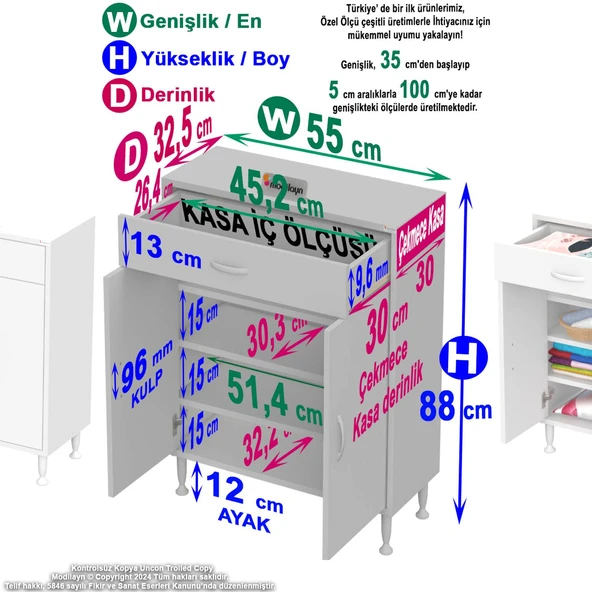 Eliusta  Rose 55 cm Beyaz 1 Çekmeceli Banyo Mutfak Dolabı 4 Bölmeli 3 Raflı Çok Amaçlı Dolap 55x88x32,5 cm - Resim 2