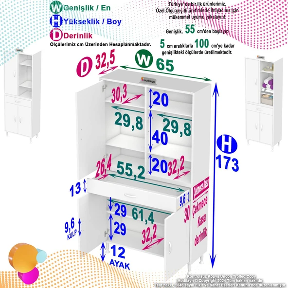Eliusta  Rivo 4 Raflı Banyo/Mutfak Dolabı 55 cm Beyaz Renkli  Çok Amaçlı Dolap 55x173x32,5 cm Ebatlarında - Resim 2
