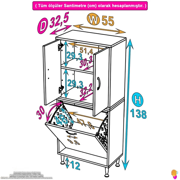 Eliusta  Miretta Üst Bölme Kapaklı Altı Kirli Sepetli Dolap 55 cm Genişlik Beyaz 55x138x32,5 cm Dolap - Resim 2