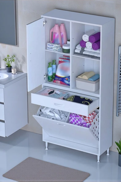 Eliusta  Liora Beyaz Çok Amaçlı Banyo Dolabı 85 cm Genişliğe Sahip 85x171x32,5 cm Çift Sepetli 2 Raflı Dolap ürün görseli 1