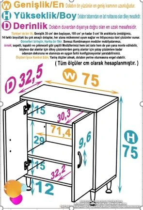Eliusta  Sabir 75 cm 2 Raflı Beyaz Banyo Mutfak Dolabı 3 Bölmeli Çok Amaçlı Dolap 75x75x32,5 cm Düzenleyici - Resim 2