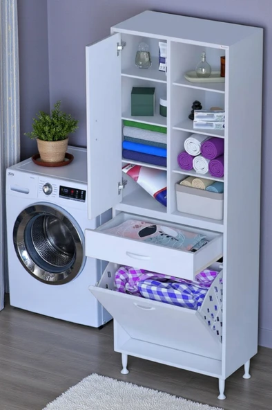 Eliusta  Rule Sepetli Banyo/Mutfak Dolabı 65 cm Genişliğe Sahip 65x171x32,5 cm Bir Sepetli Beyaz Dolap ürün görseli 1