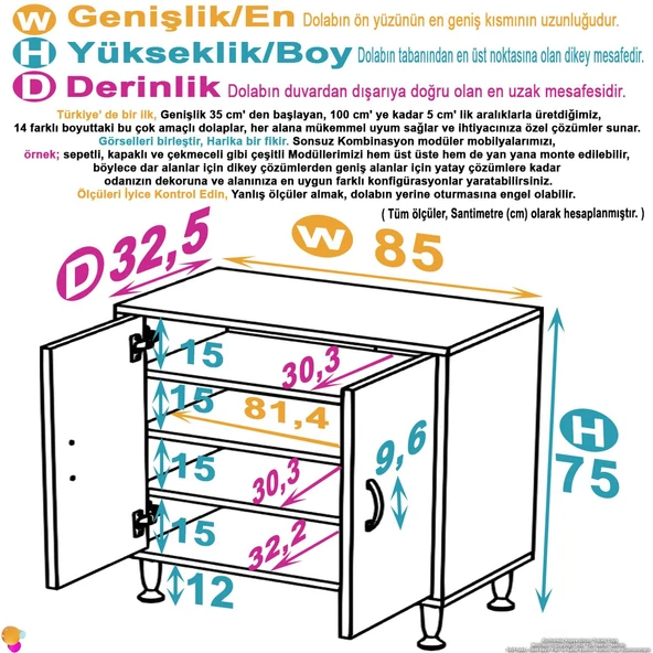Eliusta  Nirat 85 cm 4 Bölmeli Beyaz Banyo Mutfak Dolabı 3 Raflı Kapaklı Çok Amaçlı Dolap 85x75x32,5 cm - Resim 2