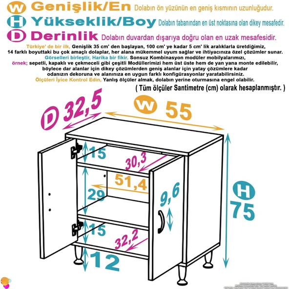 Eliusta  Arden 55 cm Beyaz 2 Bölmeli Banyo Düzenleyici Dolap 1 Raflı Çok Amaçlı Mutfak Dolabı 55x75x32,5 cm - Resim 2