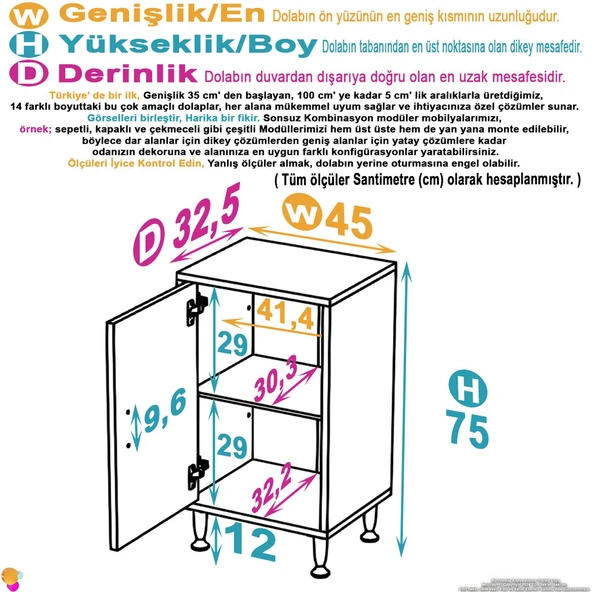 Eliusta  Arden 45 cm Beyaz 2 Bölmeli Banyo Düzenleyici Dolap 1 Raflı Çok Amaçlı Mutfak Dolabı 45x75x32,5 cm - Resim 2