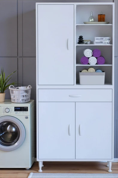 Eliusta  Funci Beyaz Renk G:85 cm Banyo Dolabı 3 Kapaklı 7 Raflı Dolap 85x173x32,5 cm Boyutlarında Dolap ürün görseli 1