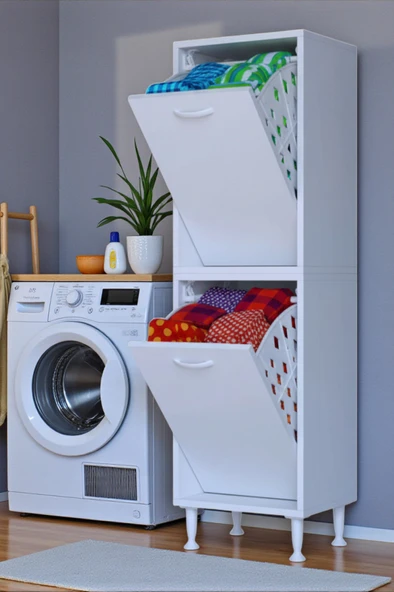 Eliusta  Veluna 40 cm Kirli Çamaşır Sepetli Dolap Banyo Dolabı Beyaz 40x173x32,5 cm 2 Sepetli Dolap ürün görseli 1